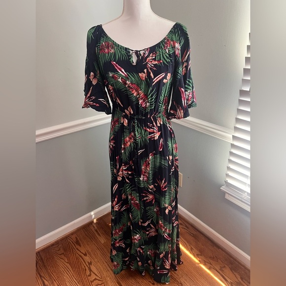 Label of Love Navy Blue Tropical Print Maxi Dress Off Shoulder Boho Large - Picture 1 of 7